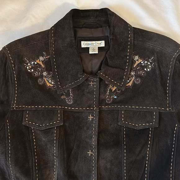 Coldwater Creek Leather Suede Blazer Jacket Large Dark Brown Embellished Western - Picture 2 of 11